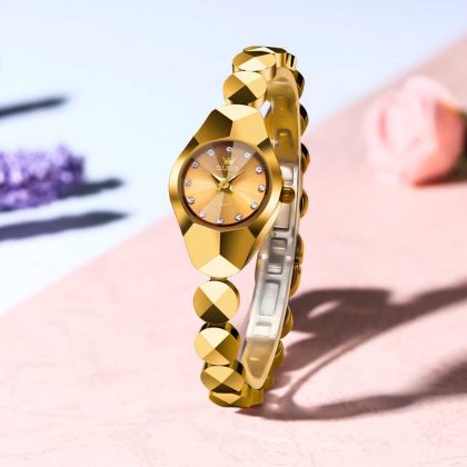 OLEVS 7007 Tungsten Steel Fashion Quartz Watch For Women – Golden Color