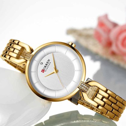 CURREN 9052 Exclusive Design Elegant Watch For Women – Golden Color
