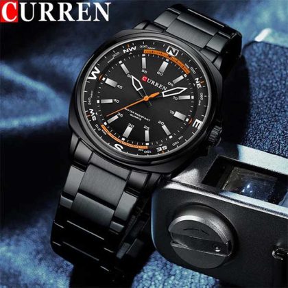 CURREN 8455 New Fashion Casual Stainless Steel Quartz Watch For Men – Full Black Color