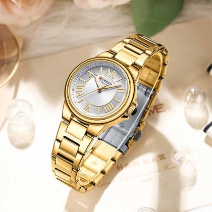 CURREN 9091 Stainless Steel Elegant Design Women Quartz Watch – Golden White Color