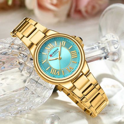 CURREN 9091 Stainless Steel Elegant Design Women Quartz Watch – Golden Blue Color