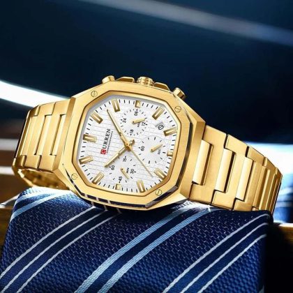 CURREN 8459 Luxury Fashion Square Dial Stainless Steel Luminous Watch For Men – Golden White Color