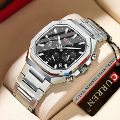 CURREN 8459 Luxury Fashion Square Dial Stainless Steel Luminous Watch For Men – Silver Black Color