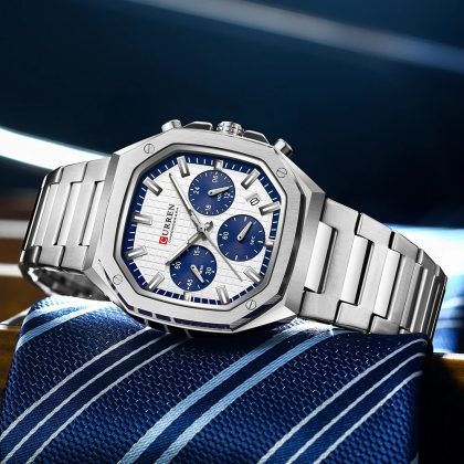 CURREN 8459 Luxury Fashion Square Dial Stainless Steel Luminous Watch For Men – Silver Blue Color