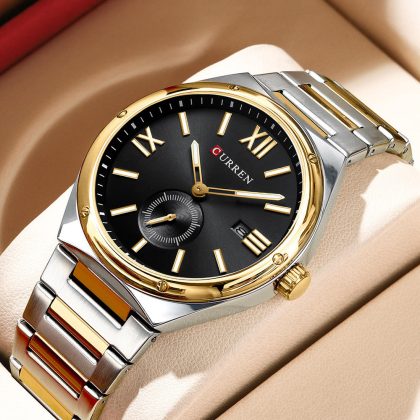 CURREN 8471 New Luxury Stainless Steel Men’s Fashion Quartz Watch – Two Tone Black Color