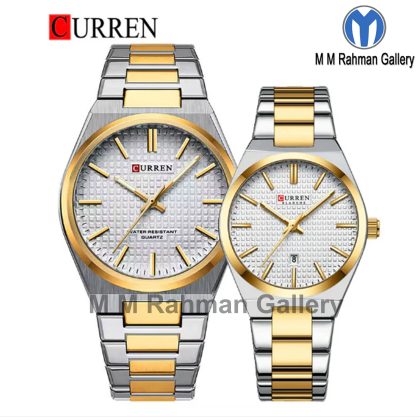 CURREN 8439 Elegant Design Stainless Steel Quartz Couple Watch – Two Tone White Color