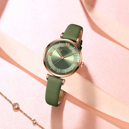 CURREN 9079 Pu Leather Quartz Watch For Women – Light Green Color