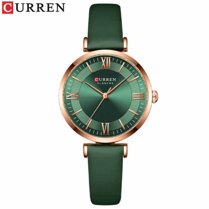 CURREN 9079 Pu Leather Quartz Watch For Women – Deep Green Color