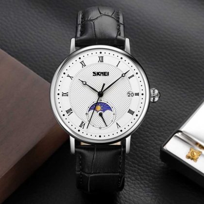 SKMEI 9308 Men’s Fashion Moon Phase Chronograph Watch – Silver Black
