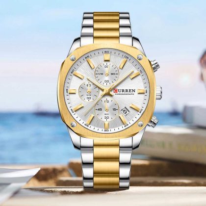 CURREN 8490 Stainless Steel Chronograph Watch for Men – Two Tone White