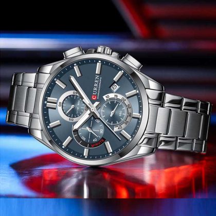 CURREN 8475 Stainless Steel Luminous Chronograph Watch For Men – Silver Blue