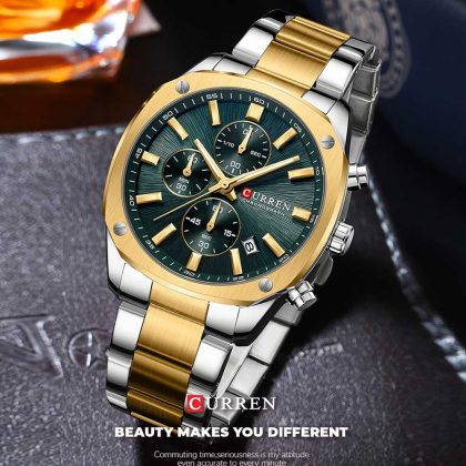 CURREN 8490 Stainless Steel Chronograph Watch for Men – Two Tone Green