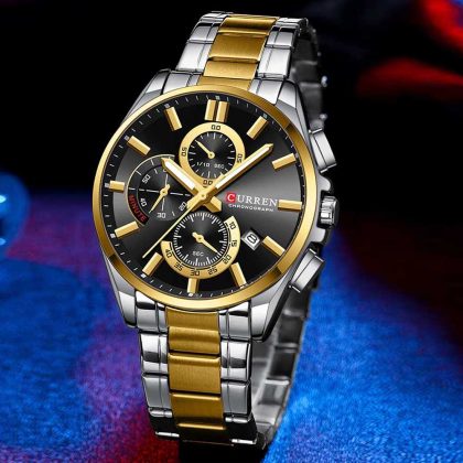 CURREN 8475 Stainless Steel Luminous Chronograph Watch For Men – Two Tone Black