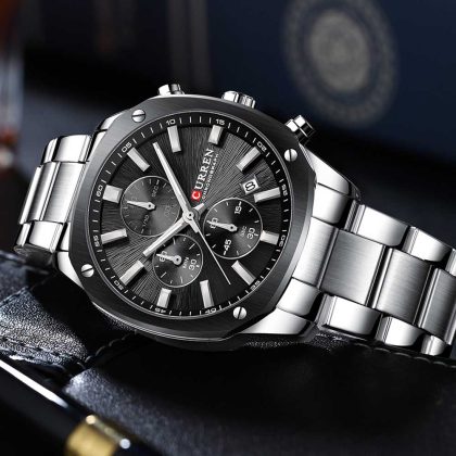 CURREN 8490 Stainless Steel Chronograph Watch for Men – Silver Black