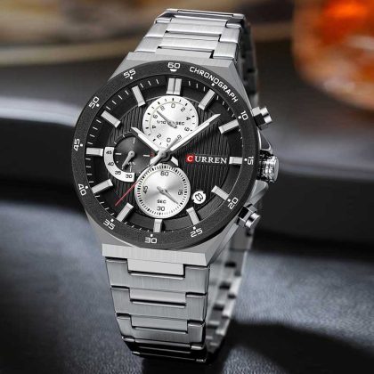 CURREN 8481 Active Chronograph Luminous Watch For Men – Silver Black