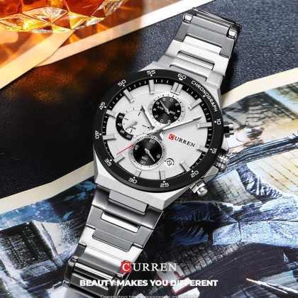 CURREN 8481 Active Chronograph Luminous Watch For Men – Silver White