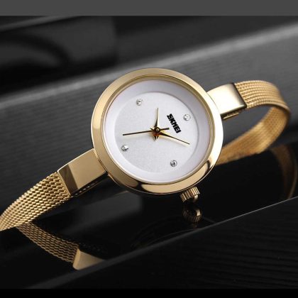 SKMEI 1390 Stylish Mesh Band Women Quartz Watch – Golden