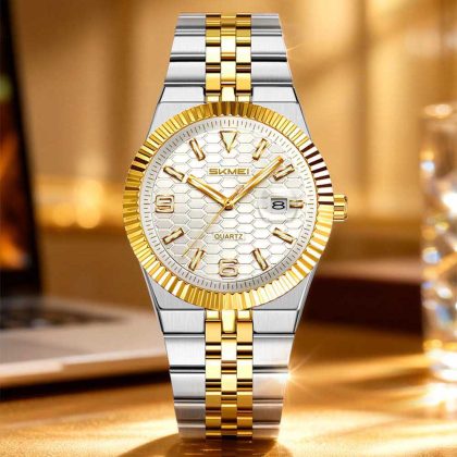 SKMEI 2656 Stainless Steel Luxury Quartz Watch For Men – Two Tone White