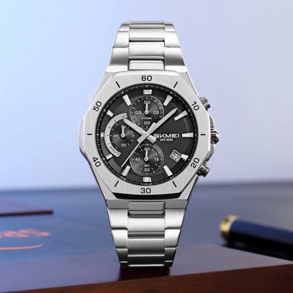 SKMEI 2452 Stainless Steel Men’s Luxury Active Chronograph Watch – Silver Black