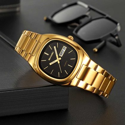 SKMEI 2420 Stainless Steel Small Dial Quartz Watch for Men –  Golden Black