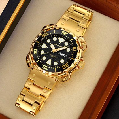 SKMEI 9385 Stainless Steel Men Fashion Elegant Quartz Watch – Golden Black