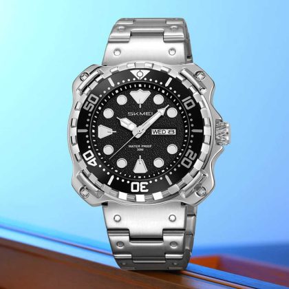 SKMEI 9385 Stainless Steel Men Fashion Elegant Quartz Watch – Silver Black