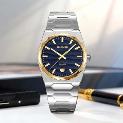 SKMEI 9382 Stainless Steel Casual Business Quartz Watch For Men – Silver Gold Blue